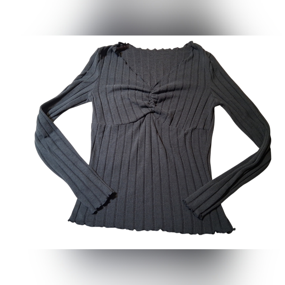 Bella Swan Fairy Grunge Charcoal Ribbed Top - Ruched Lettuce Trim S/M